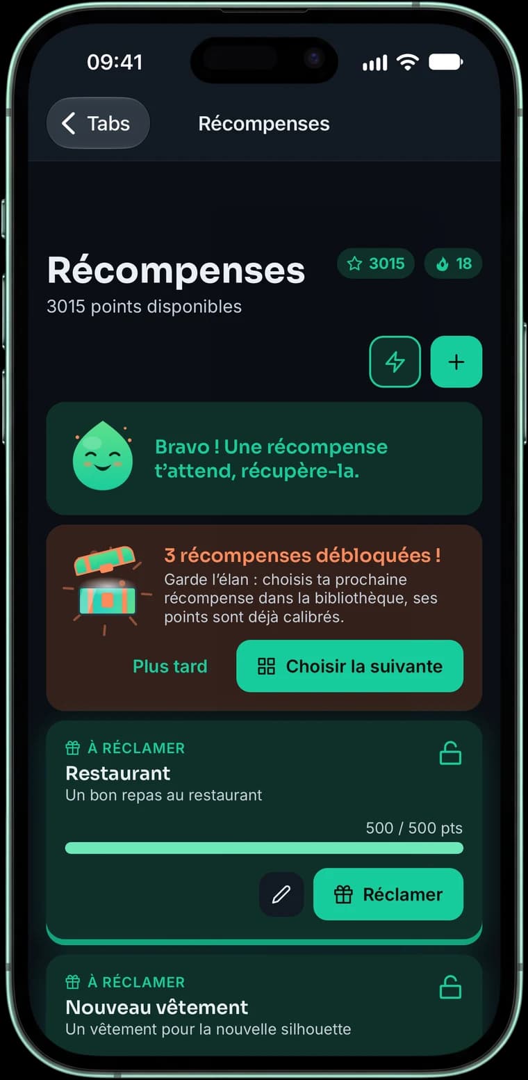 Récompenses : Restaurant à 500 points sur 500, prêt à réclamer, et trois récompenses débloquées.