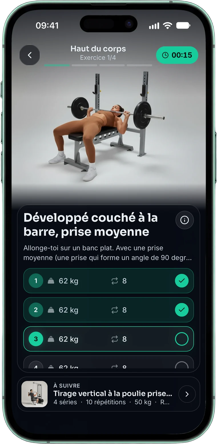 Séance Haut du corps en cours : développé couché avec sa photo, 4 séries de 8 répétitions à 62 kg, les deux premières validées.