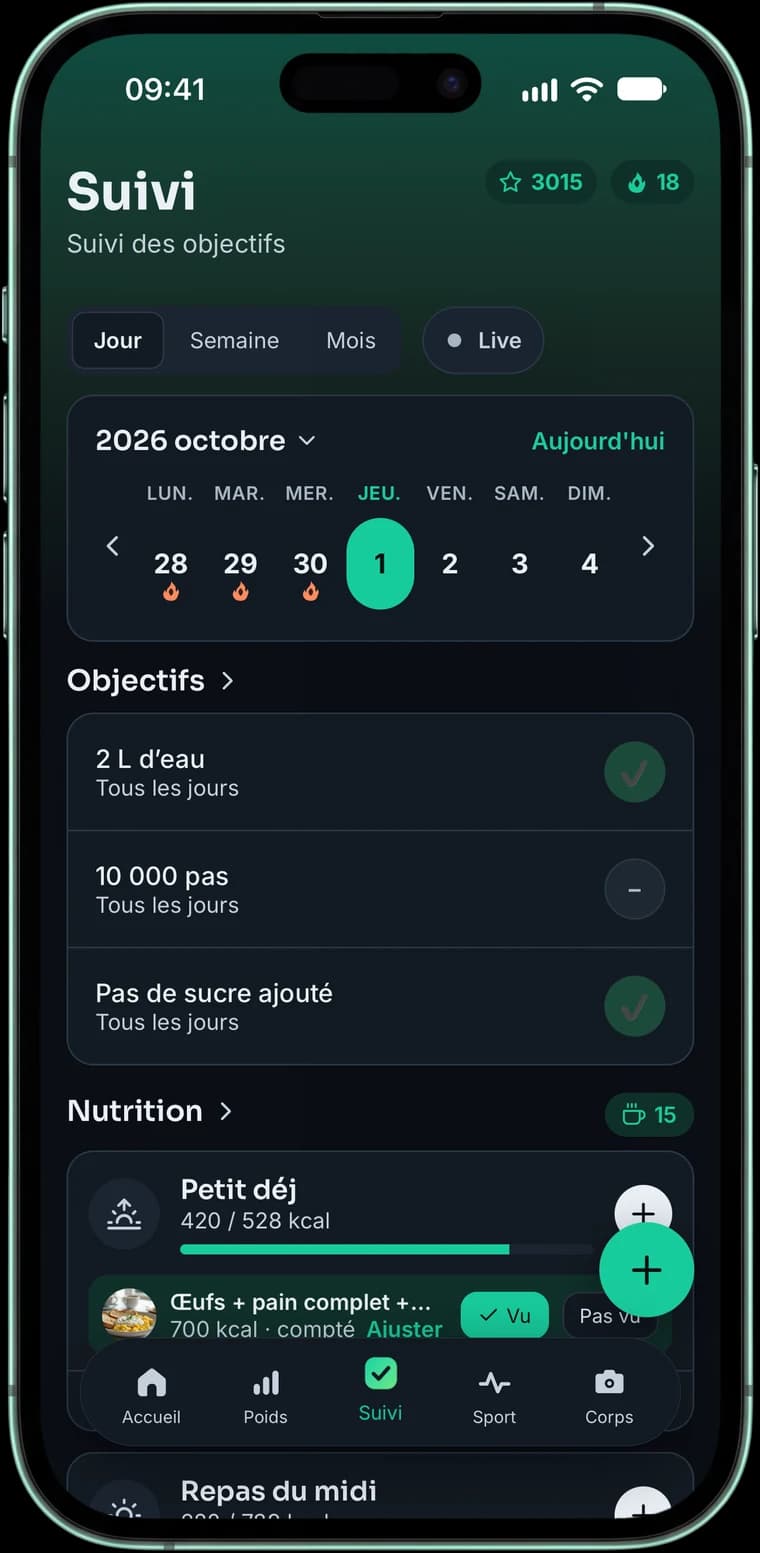 Suivi du jour : calendrier de la semaine et objectifs 2 L d’eau, 10 000 pas et pas de sucre ajouté.
